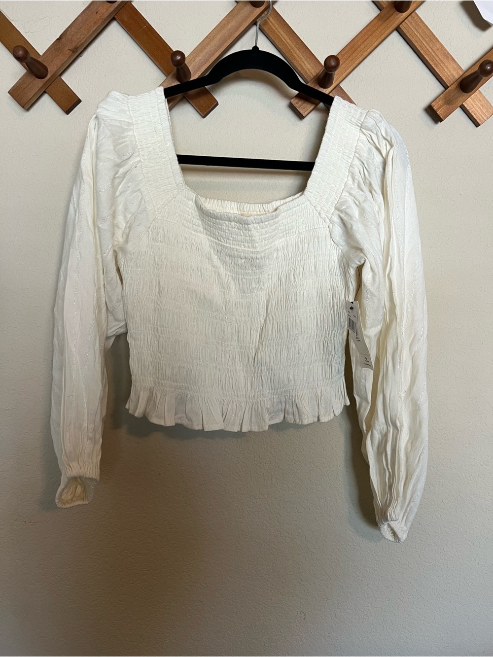 Rip Curl White Smocked Square-Neck Long Sleeve Top